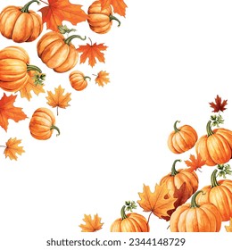 White and yellow pumpkins, orange leaves on white background. Autumn festival invitation. Border from autumn leaves and pumpkins. Postcard or banner. 3d realistic vector illustration