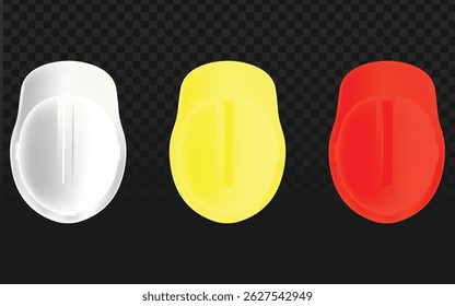 White, yellow, and red construction hard hat icons with raised ridges, perfect for safety manuals, worksite signage, or industrial branding. Ideal for OSHA-compliant visuals, contractor logos, or haza