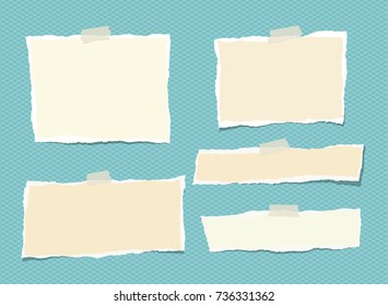 White and yellow ripped strips, notebook, note paper for text or message stuck on turquoise background.