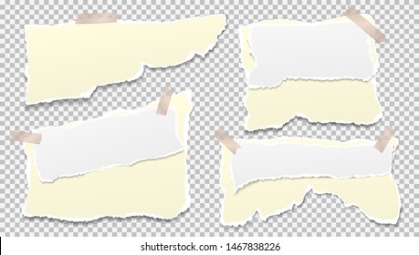 White and yellow ripped, torn note, notebook paper strips, stuck with sticky tape on squared grey background. Vector illustration