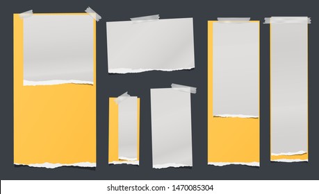 White and yellow ripped, torn note, notebook paper strips, stuck with sticky tape on black background. Vector illustration