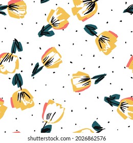 White and Yellow Rose Drawn Vector Seamless Pattern. Lotus Wedding Paper Texture. Summer Marker Design. Tulip Abstract Background.