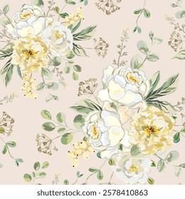 White and yellow rose flowers, green leaves, herbs, currant berries, beige background. Vector floral illustration. Seamless pattern. Summer garden plants. Botanical design

