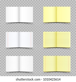 White and yellow school in a ruler and in a cell notepads set with shadow on transparent background. Student copybook template. Homework exercise empty notebooks collection