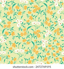 white and yellow seamless floral vector small flowers leaves pattern on green background