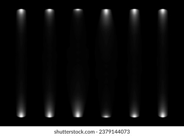 White and yellow spot lights. Shiny bright rays on dark background as concert scene or stage. Glowing lamp projectors as illuminated studio