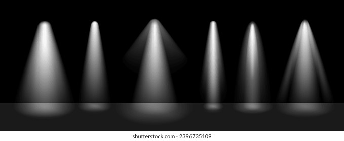 White and yellow spot lights. Shiny bright rays on dark background as concert scene or stage. Glowing lamp projectors as illuminated studio