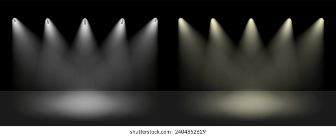 White and yellow spot lights. Shiny bright rays on dark background as concert scene or stage. Glowing lamp projectors as illuminated studio