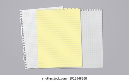 White and yellow stacked lined and math note, notebook paper are on grey background for text, advertising or design. Vector illustration
