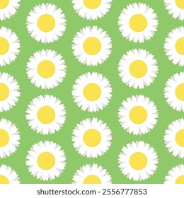 White and yellow stylized chamomile flowers on green background. Vector seamless pattern. Best for textile, wallpapers, wrapping paper, package and your design.