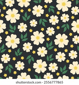 White and yellow stylized flowers and green leaves on black background. Vector seamless pattern. 