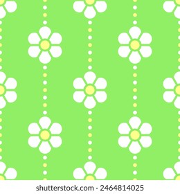 White and yellow stylized flowers on geen dotted background. Vector seamless pattern. 