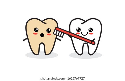 White and yellow tooth characters with toothbrush. Cleaning and whitening teeth concept. 