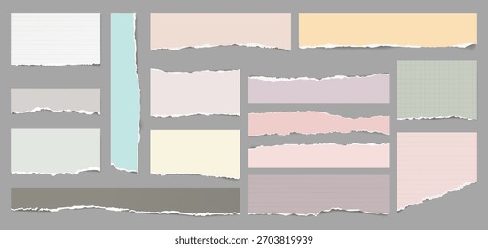Blanco, nota rasgada amarilla, piezas de papel de cuaderno están sobre fondo gris oscuro para texto, publicidad o diseño. Ilustración vectorial