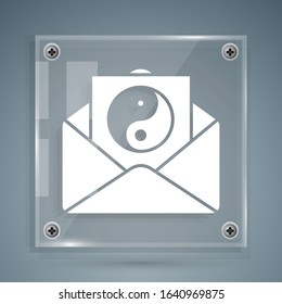 White Yin Yang and envelope icon isolated on grey background. Symbol of harmony and balance. Square glass panels. Vector Illustration