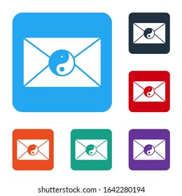 White Yin Yang and envelope icon isolated on white background. Symbol of harmony and balance. Set icons in color square buttons. Vector Illustration