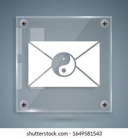 White Yin Yang and envelope icon isolated on grey background. Symbol of harmony and balance. Square glass panels. Vector Illustration