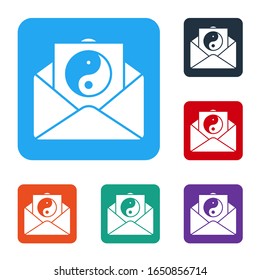 White Yin Yang and envelope icon isolated on white background. Symbol of harmony and balance. Set icons in color square buttons. Vector Illustration