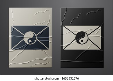 White Yin Yang and envelope icon isolated on crumpled paper background. Symbol of harmony and balance. Paper art style. Vector Illustration