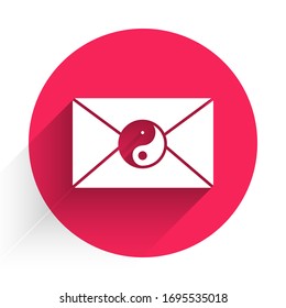 White Yin Yang and envelope icon isolated with long shadow. Symbol of harmony and balance. Red circle button. Vector Illustration