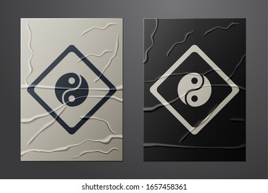 White Yin Yang symbol of harmony and balance icon isolated on crumpled paper background. Paper art style. Vector Illustration