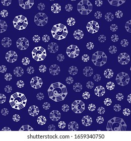 White Yin Yang symbol of harmony and balance icon isolated seamless pattern on blue background.  Vector Illustration