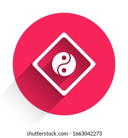 White Yin Yang symbol of harmony and balance icon isolated with long shadow. Red circle button. Vector Illustration