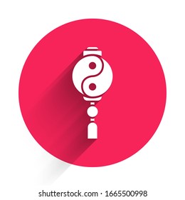 White Yin Yang symbol of harmony and balance icon isolated with long shadow. Red circle button. Vector Illustration