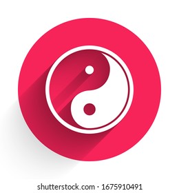 White Yin Yang symbol of harmony and balance icon isolated with long shadow. Red circle button. Vector Illustration