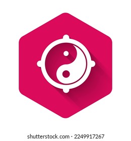 White Yin Yang symbol of harmony and balance icon isolated with long shadow background. Pink hexagon button. Vector