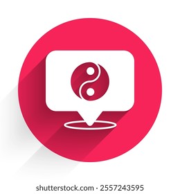 White Yin Yang symbol of harmony and balance icon isolated with long shadow background. Red circle button. Vector