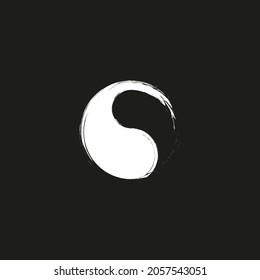 White Ying yang symbol hand drawn isolated on black. Brush painted stroke in-yan sign vector icon. Artistic design, harmony, balance symbol