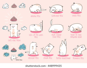 White Yoga Cat, vector funny set of basic poses