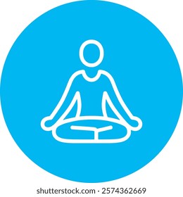 A white yoga pose icon, depicting a serene figure in a meditative or balanced position, is centered on a light blue circular background. The pastel blue conveys calmness, mindfulness, and modern elega