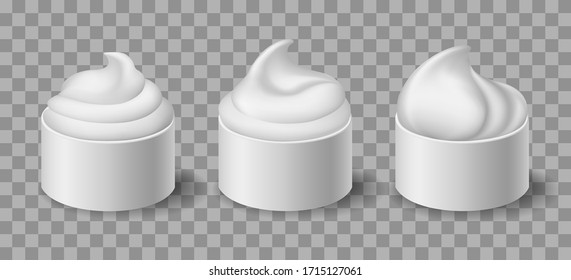 White yoghurt cream bowls. Sour creamy white dip in bowl set, sweet desserts yogurt or mayonnaise sauce condiment dish advertising mockups vector illustration