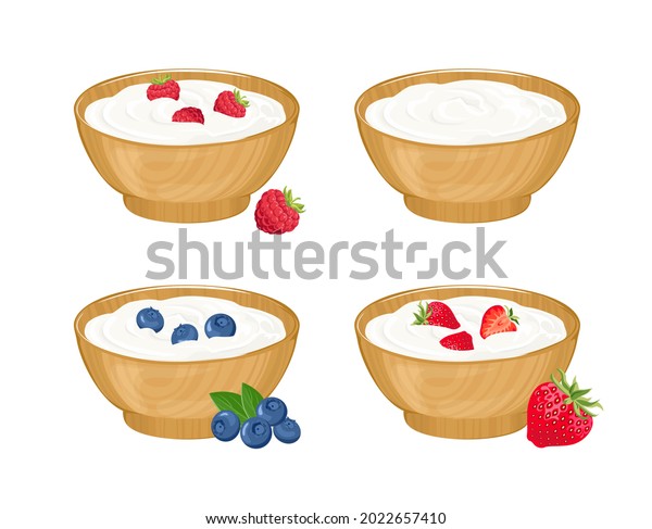 White yogurt with berry in  wooden bowl. Vector\
illustration of Greek yogurt with raspberry, strawberry and\
blueberry. Cartoon flat\
style.