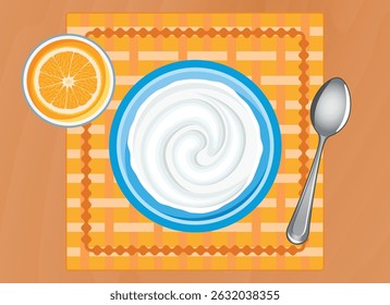 White yogurt in a bowl and a glass of orange juice top view vector illustration. White natural yogurt on a wooden table above view vector. Healthy snack on the table drawing
