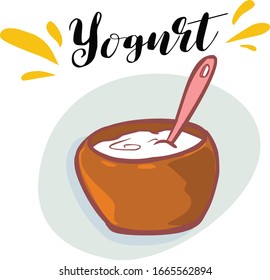 Weißer Jogurt in Behältnissen und in Löffeln einzeln auf weißem Hintergrund.