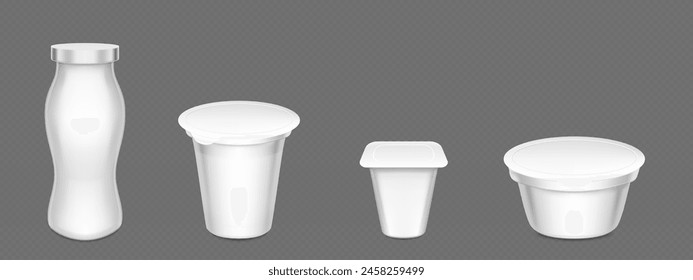 Taza de yogur blanco y maqueta de botella. Conjunto de Ilustración vectorial 3d realista de paquete de plástico y contenedor para productos lácteos con tapa y tapa de aluminio. Plantilla en blanco de envases de vasija de productos lácteos.