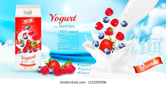 White yogurt with fresh berries in box. Advertisment design template. Vector