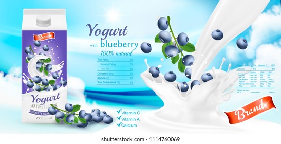 White yogurt with fresh blueberries in plastic box. Advertisment design template. Vector.