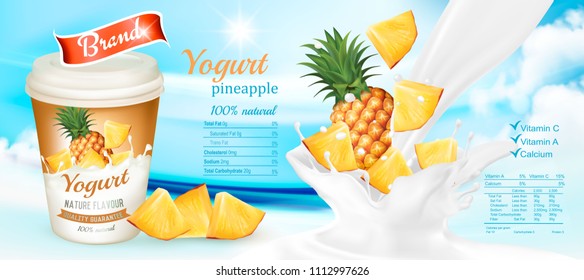 White yogurt with fresh pineapple. Advertisment design template. Vector