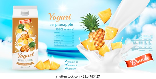 White yogurt with fresh pineapple in box. Advertisment design template. Vector