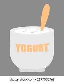 White yogurt in packaging vector illustration. Yogurt isolated on gray background with spoon.
