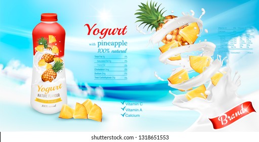 White yogurt with pineapple in bottle for health. Advertisement design template. Vector