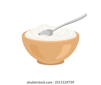 Iogurte branco ou creme azedo em tigela com colher. Ilustração de desenho animado vetorial de comida saudável.
