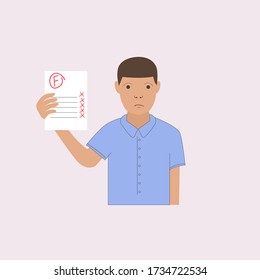 White young man holding paper showing failed test. Flat vector illustration of simple character expressing sad feelings. Guy with unhappy face.