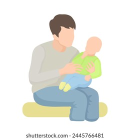 white young man sitting holds a baby in his lap. a young father looks at his children in his arms, simple vector style in silhouette