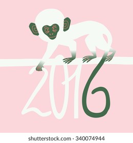 white young monkey silhouette with 2016 sign, isolated on pink background, vector illustration