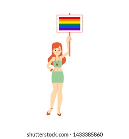 White young redhead slim woman in a short skirt and top holds a poster or a banner with a rainbow. Element lgbt and gay parade, protest. Flat vector illustration with lgbt woman on white background.